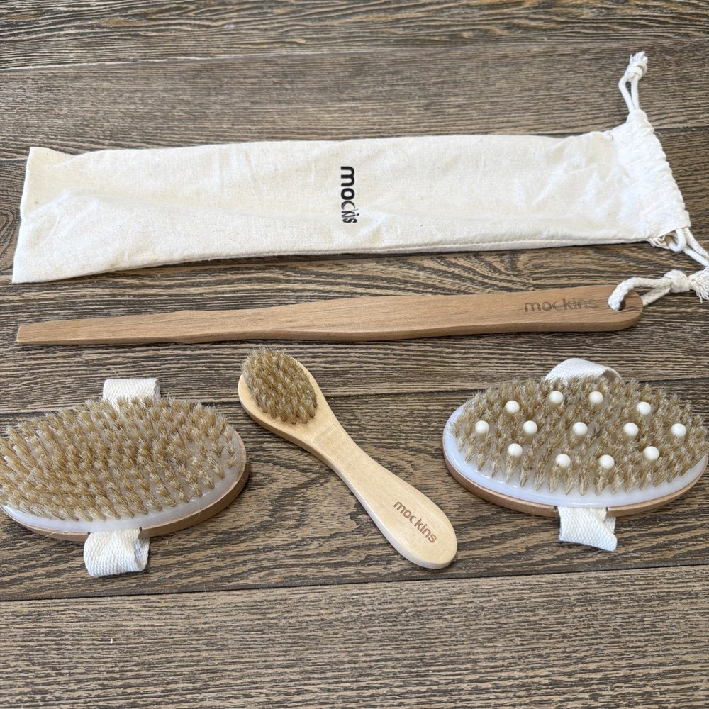 Dry Brushing Body Brush Set - Natural Bristles, Lymphatic Drainage, Face Mockins
